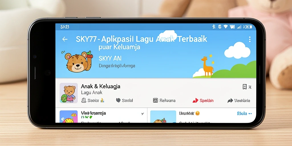 Antarmuka aplikasi SKY77 dengan lagu anak-anak yang ceria.